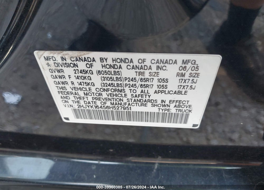 2006 HONDA RIDGELINE RTS VIN: 2HJYK16456H527951