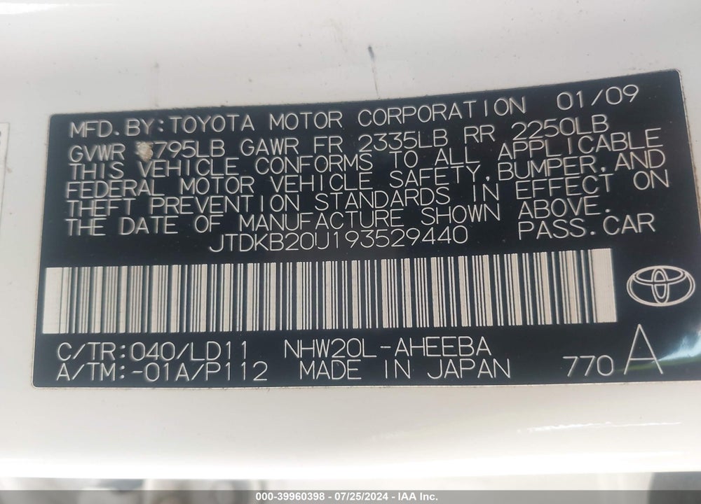 2009 TOYOTA PRIUS STANDARD/TOURING VIN: JTDKB20U193529440