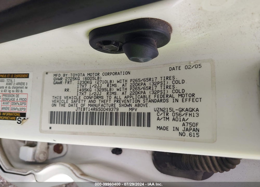 2005 TOYOTA 4RUNNER SR5 SPORT V8/SR5 V8 VIN: JTEBT14R650049379