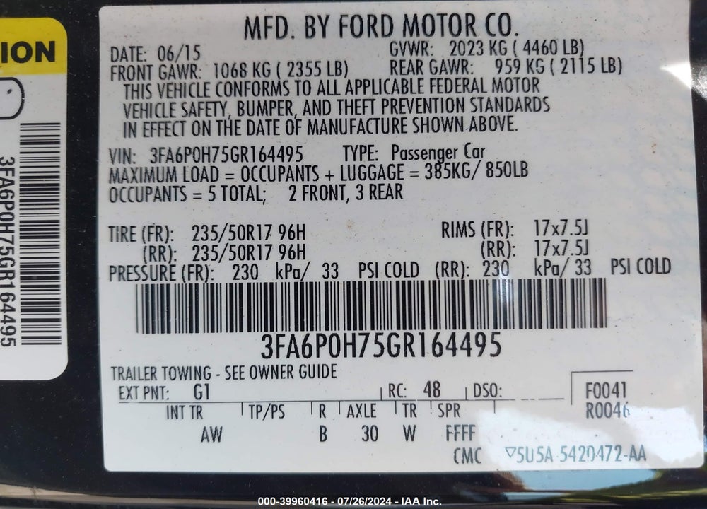 2016 FORD FUSION SE VIN: 3FA6P0H75GR164495