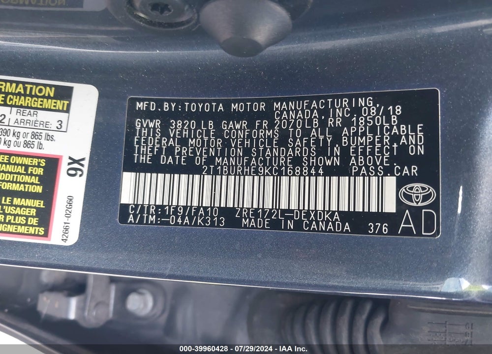 2019 TOYOTA COROLLA L VIN: 2T1BURHE9KC168844