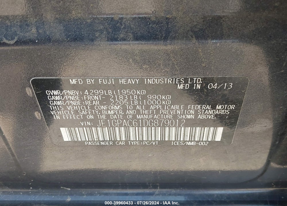 2013 SUBARU IMPREZA 2.0I PREMIUM VIN: JF1GPAC61DG879012