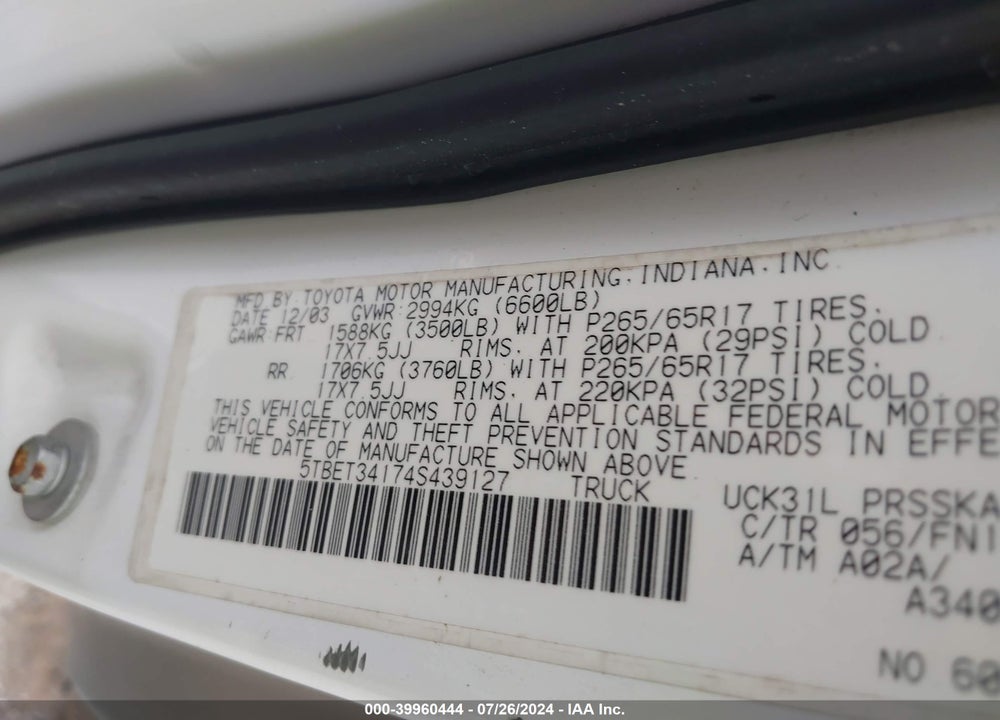 2004 TOYOTA TUNDRA SR5 V8 VIN: 5TBET34174S439127