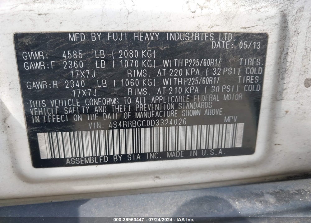 2013 SUBARU OUTBACK 2.5I PREMIUM VIN: 4S4BRBGC0D3324026