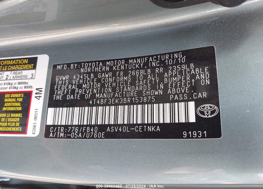 2011 TOYOTA CAMRY LE/SE/XLE VIN: 4T4BF3EK3BR153875
