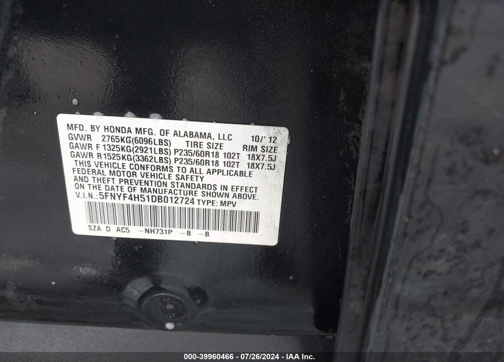 2013 HONDA PILOT EX-L VIN: 5FNYF4H51DB012724