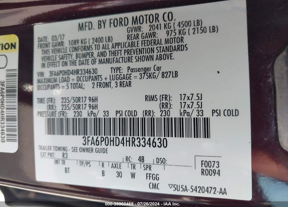 2017 FORD FUSION SE VIN: 3FA6P0HD4HR334630