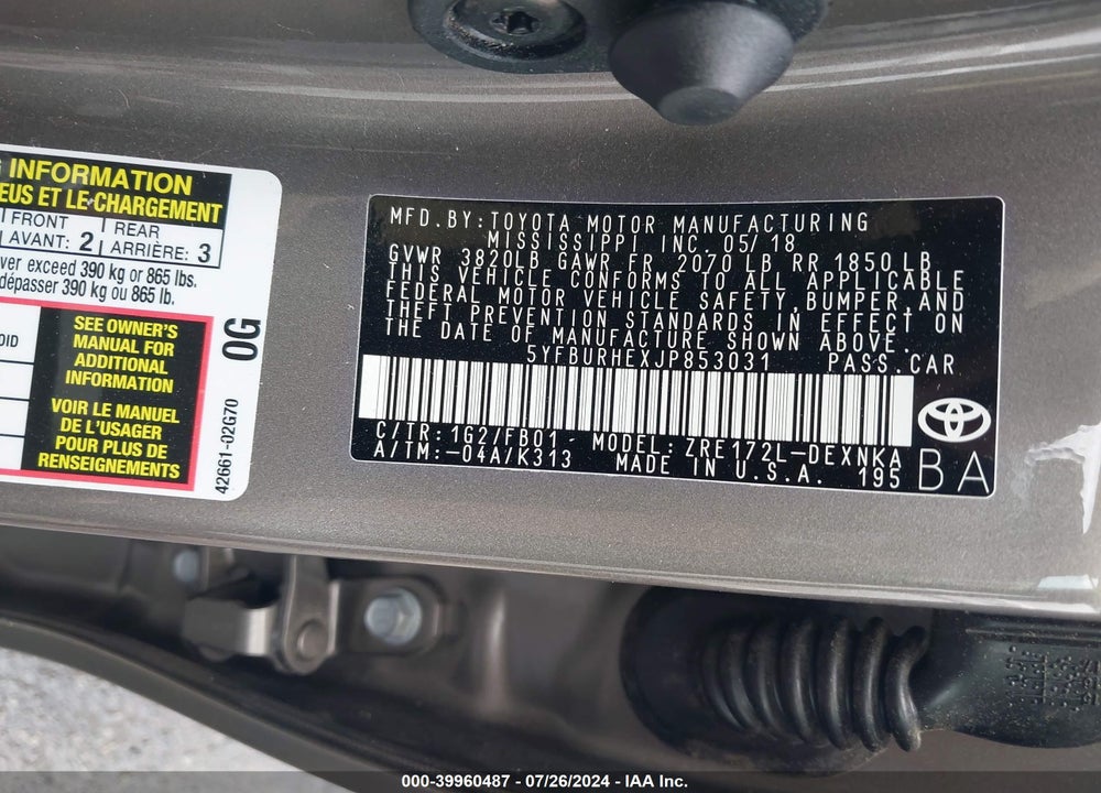 2018 TOYOTA COROLLA L/LE/SE/XLE/XSE VIN: 5YFBURHEXJP853031