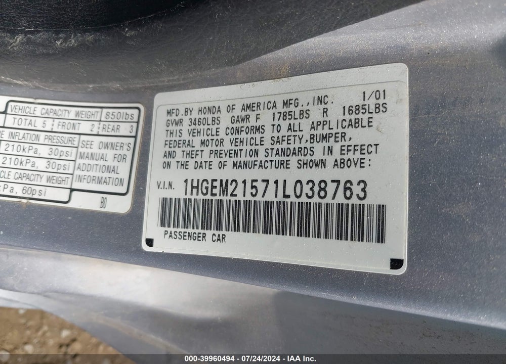 2001 HONDA CIVIC LX VIN: 1HGEM21571L038763