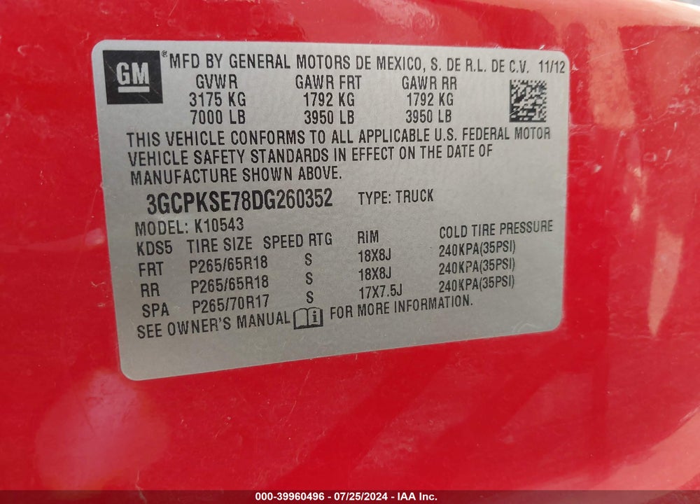 2013 CHEVROLET SILVERADO 1500 LT VIN: 3GCPKSE78DG260352