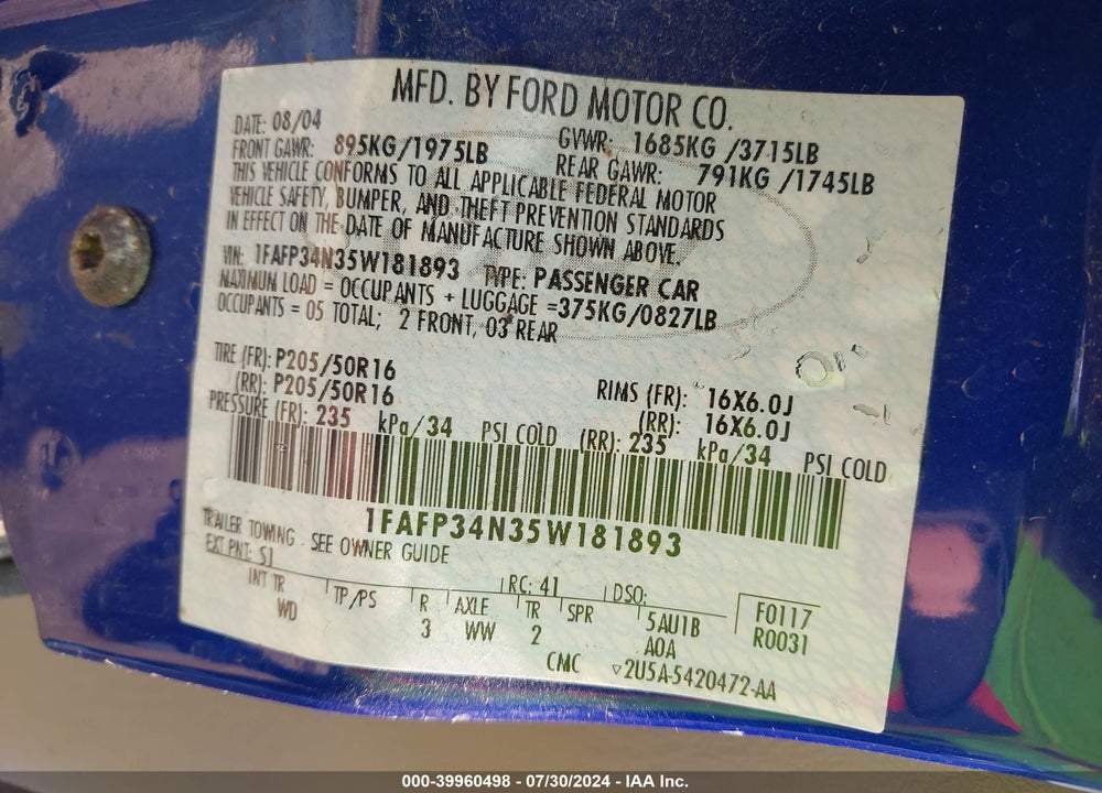 2005 FORD FOCUS ZX4 VIN: 1FAFP34N35W181893