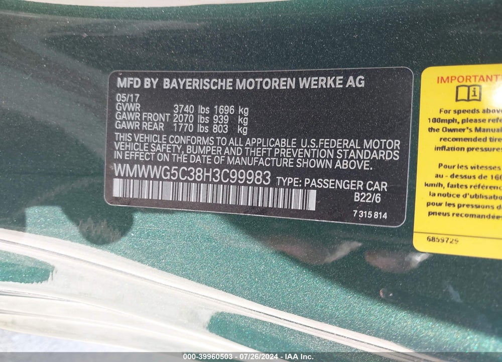 2017 MINI CONVERTIBLE COOPER VIN: WMWWG5C38H3C99983