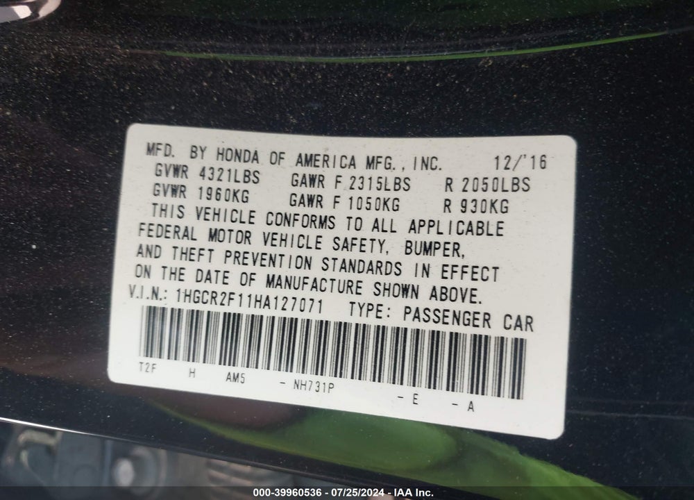 2017 HONDA ACCORD SPORT SE VIN: 1HGCR2F11HA127071