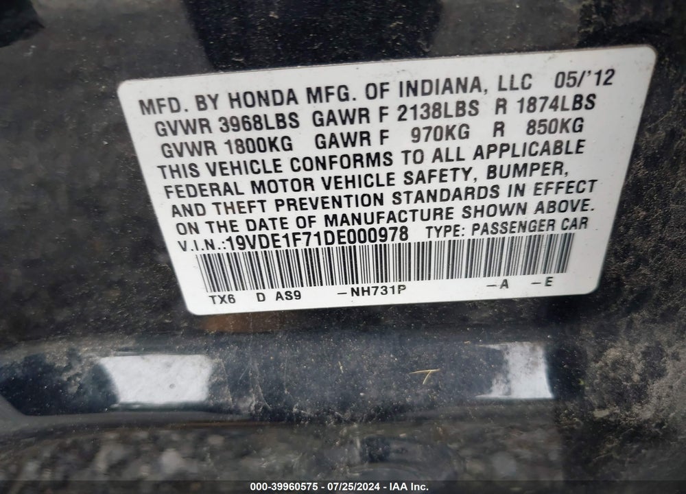 2013 ACURA ILX 2.0L VIN: 19VDE1F71DE000978