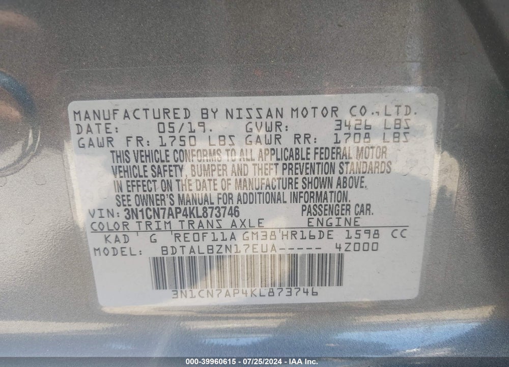 2019 NISSAN VERSA 1.6 SV VIN: 3N1CN7AP4KL873746
