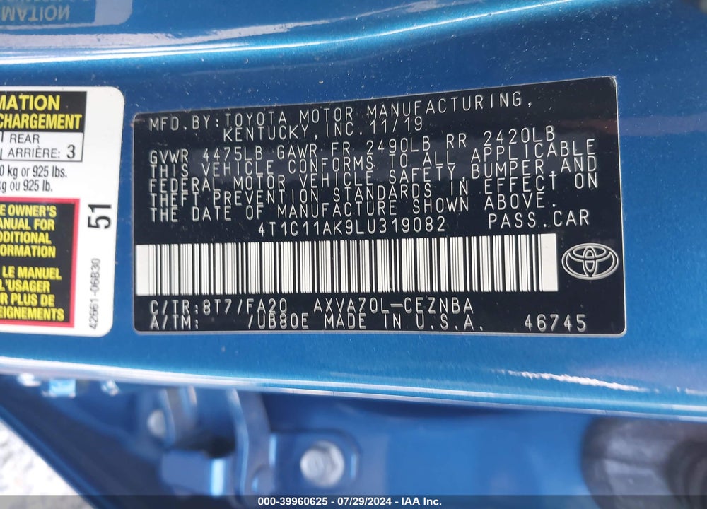 2020 TOYOTA CAMRY VIN: 4T1C11AK9LU319082