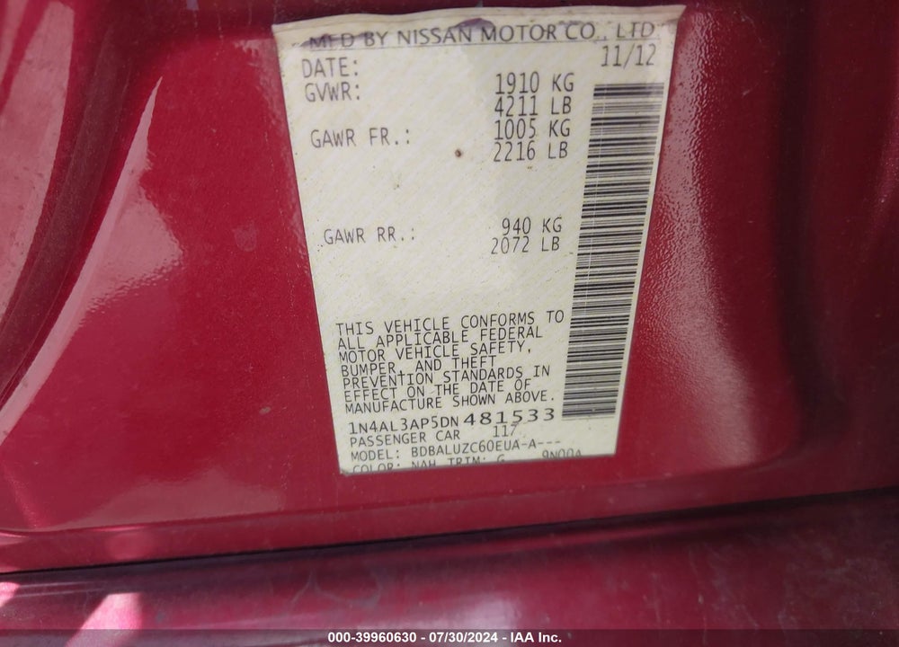 2013 NISSAN ALTIMA 2.5 SV VIN: 1N4AL3AP5DN481533