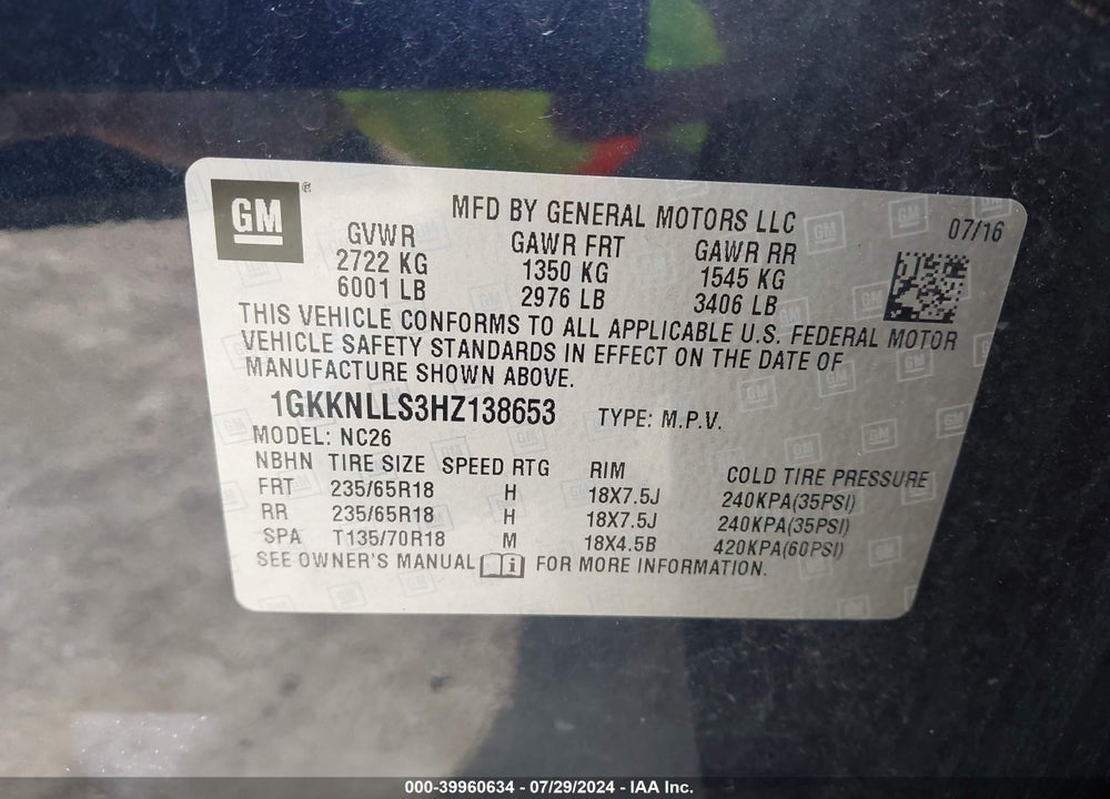 2017 GMC ACADIA VIN: 1GKKNLLS3HZ138653