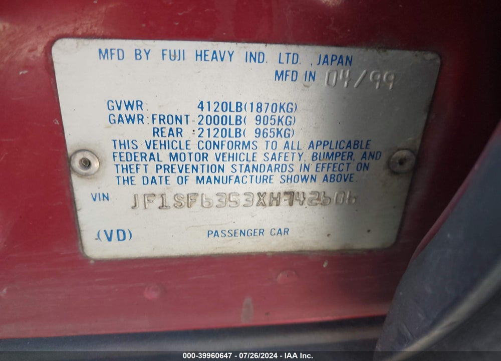 1999 SUBARU FORESTER L VIN: JF1SF6353XH742606