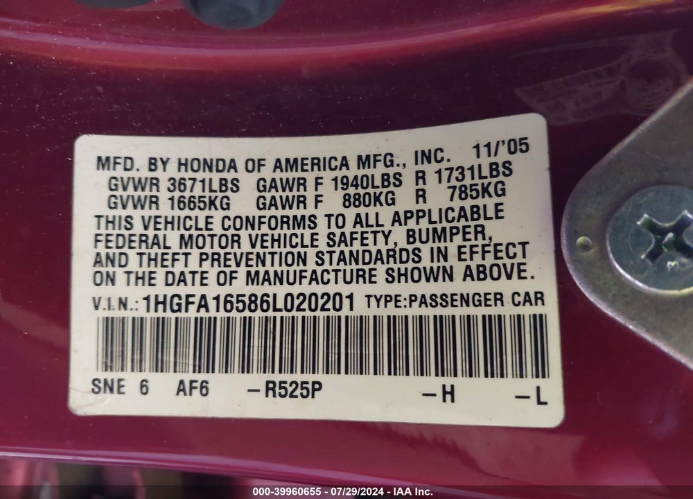 2006 HONDA CIVIC LX VIN: 1HGFA16586L020201