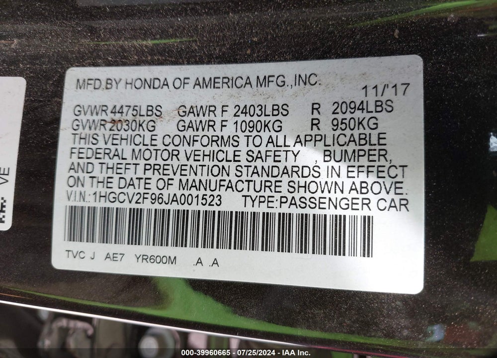 2018 HONDA ACCORD TOURING 2.0T VIN: 1HGCV2F96JA001523