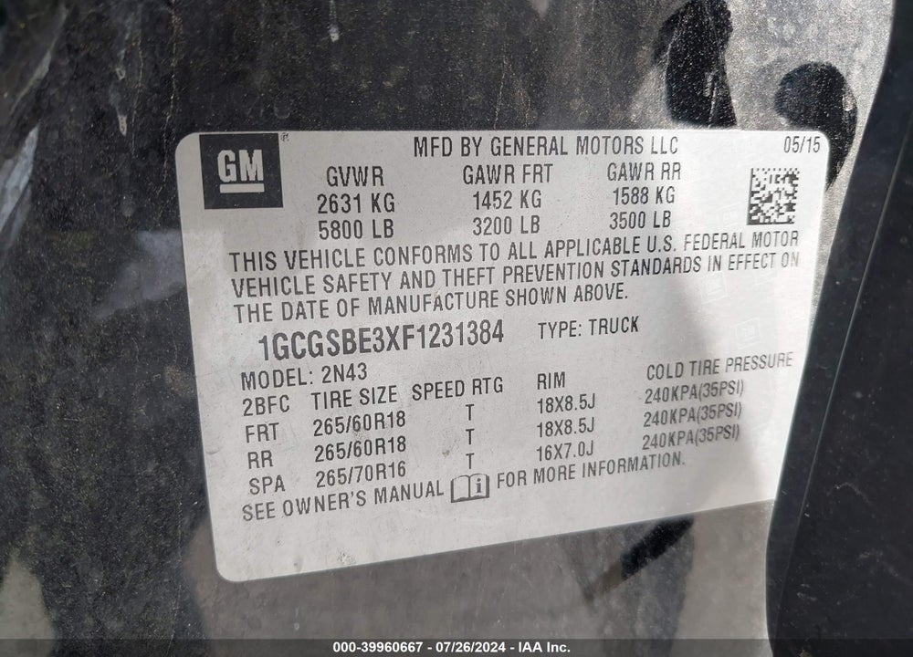 2015 CHEVROLET COLORADO LT VIN: 1GCGSBE3XF1231384