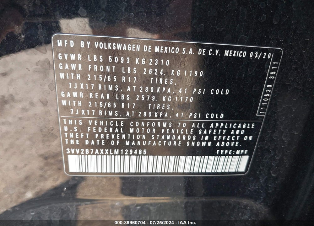 2020 VOLKSWAGEN TIGUAN VIN: 3VV2B7AXXLM129485