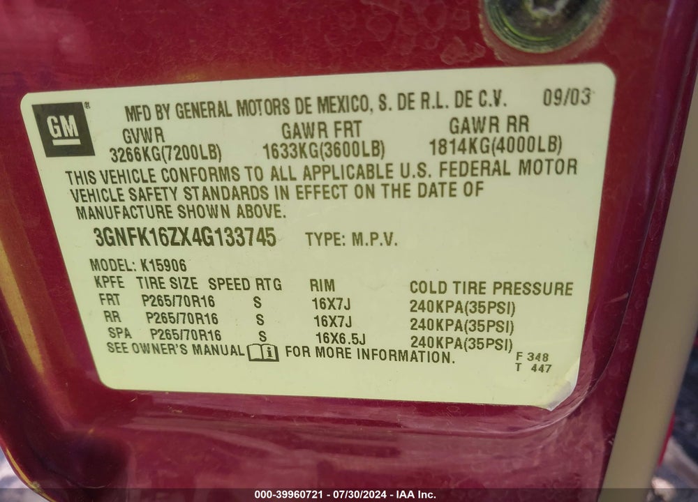 2004 CHEVROLET SUBURBAN 1500 LT VIN: 3GNFK16ZX4G133745