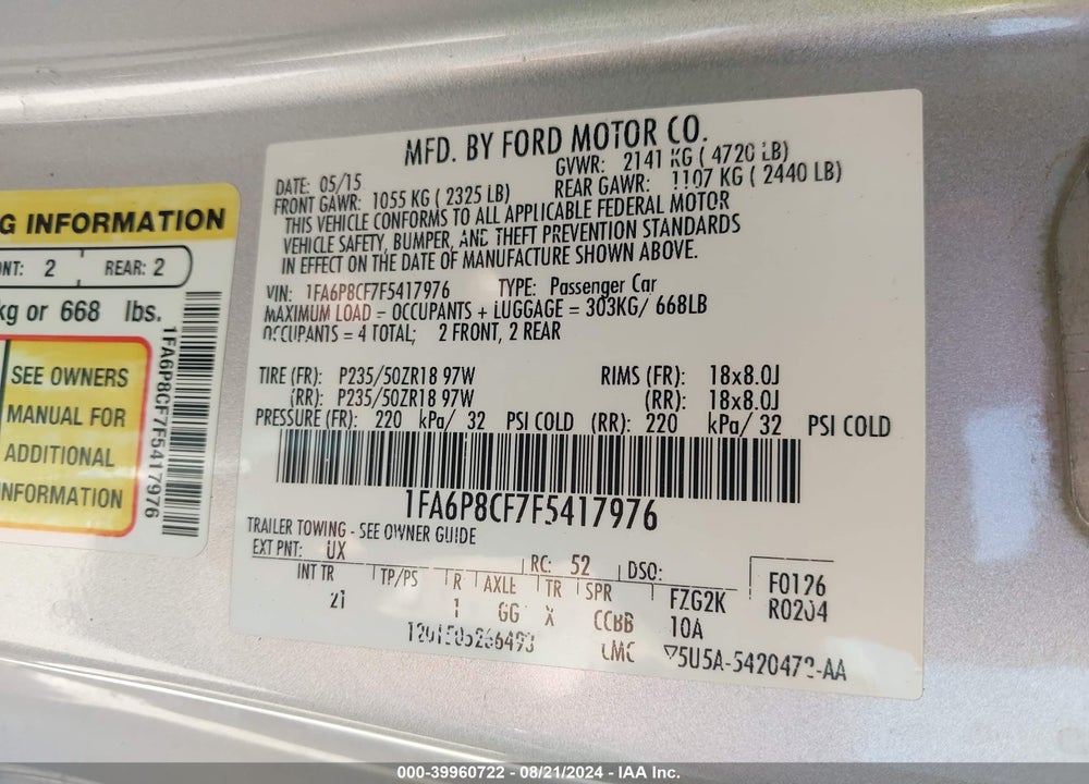 2015 FORD MUSTANG GT VIN: 1FA6P8CF7F5417976
