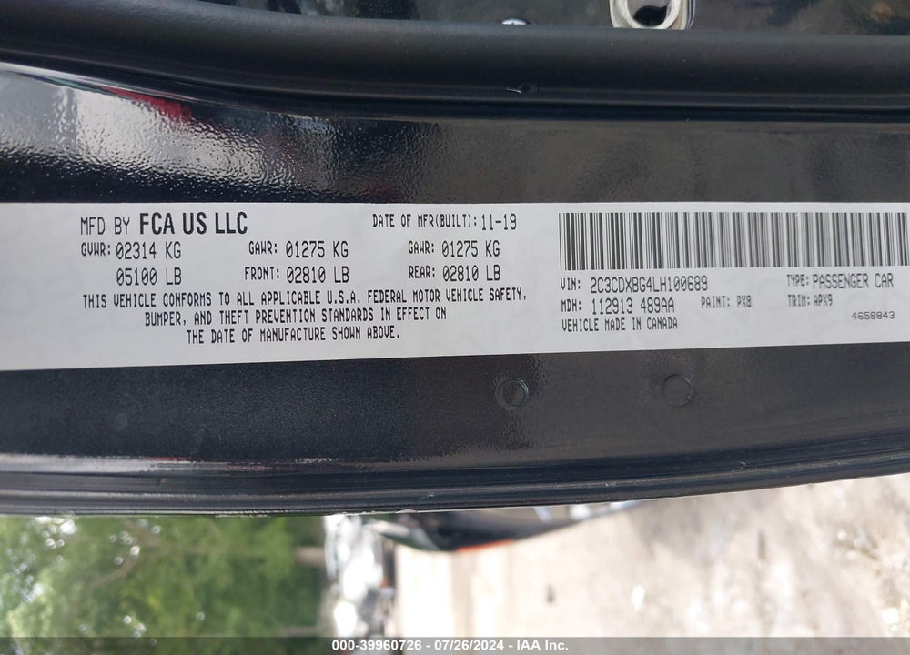 2020 DODGE CHARGER SXT RWD VIN: 2C3CDXBG4LH100689