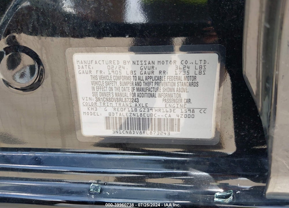 2024 NISSAN VERSA 1.6 S+ VIN: 3N1CN8DV8RL873243