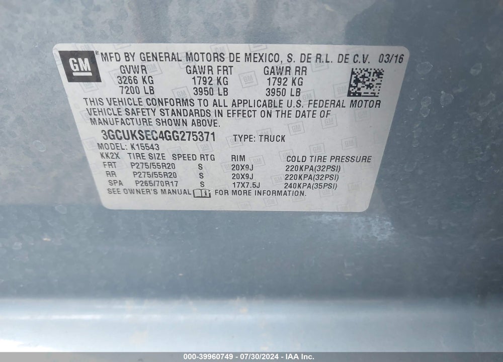 2016 CHEVROLET SILVERADO 1500 1LZ VIN: 3GCUKSEC4GG275371
