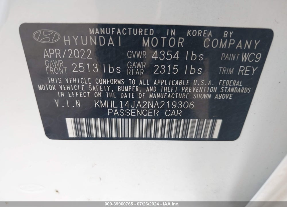 2022 HYUNDAI SONATA SEL VIN: KMHL14JA2NA219306