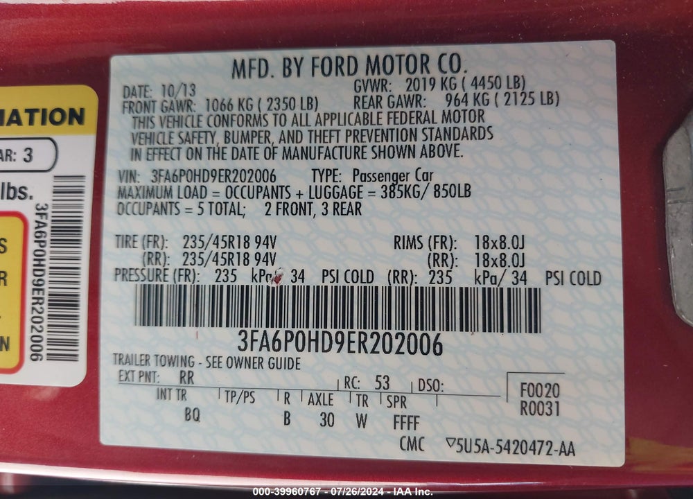 2014 FORD FUSION SE VIN: 3FA6P0HD9ER202006