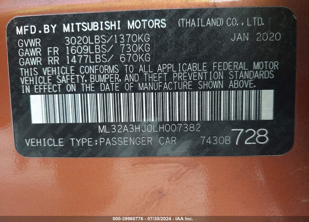 2020 MITSUBISHI MIRAGE SE VIN: ML32A3HJ0LH007382