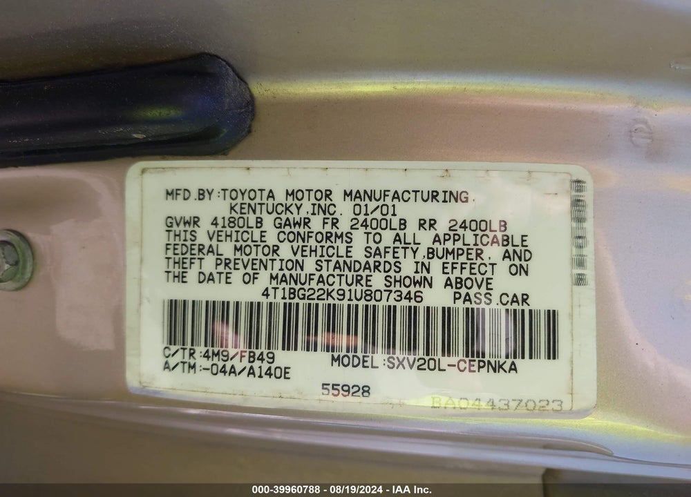 2001 TOYOTA CAMRY CE/LE/XLE VIN: 4T1BG22K91U807346