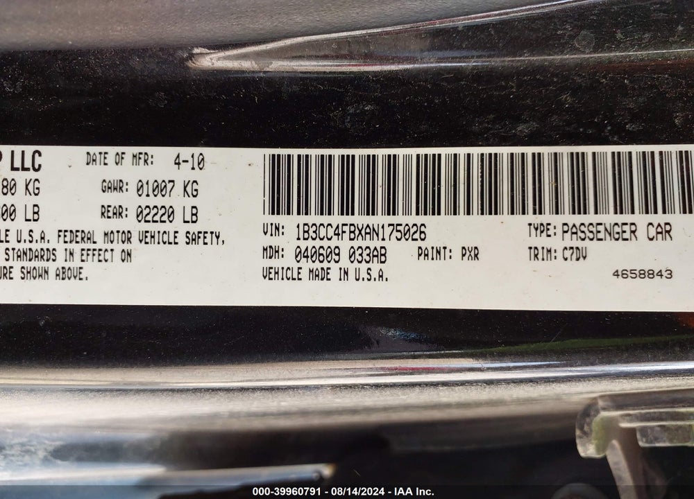 2010 DODGE AVENGER VIN: 1B3CC4FBXAN175026