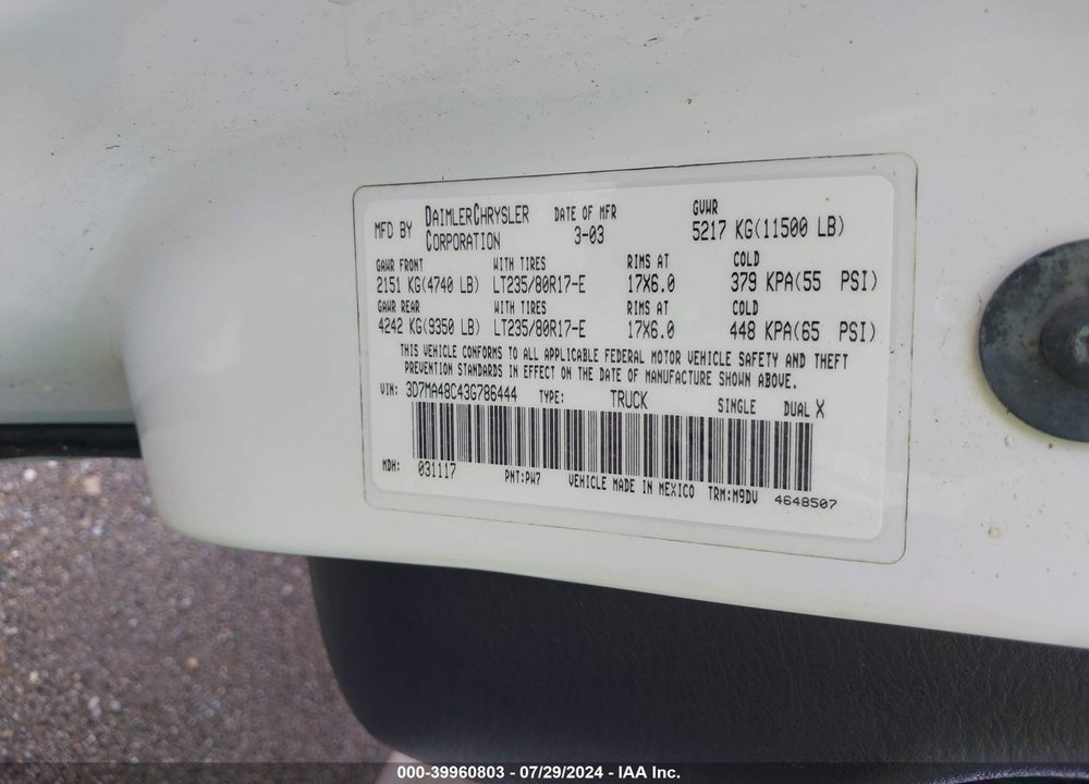 2003 DODGE RAM 3500 SLT/LARAMIE/ST VIN: 3D7MA48C43G786444