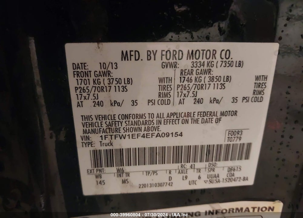 2014 FORD F-150 XLT VIN: 1FTFW1EF4EFA09154