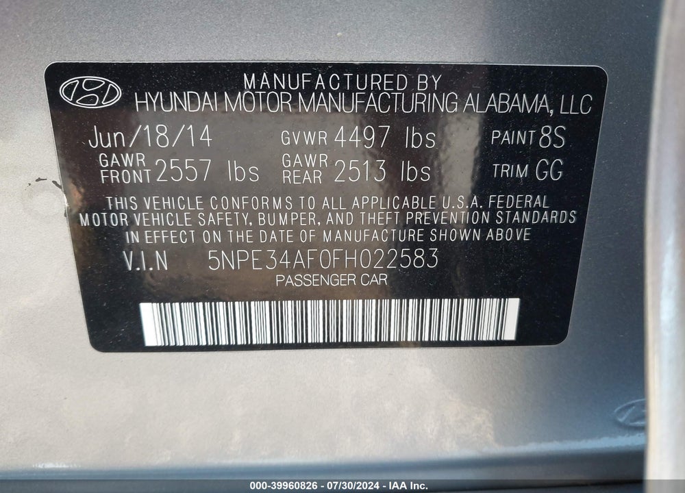 2015 HYUNDAI SONATA LIMITED VIN: 5NPE34AF0FH022583