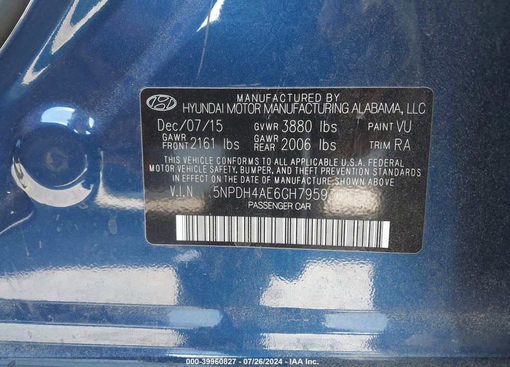 2016 HYUNDAI ELANTRA VIN: 5NPDH4AE6GH795936