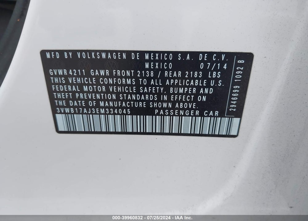 2014 VOLKSWAGEN JETTA 1.8T SE VIN: 3VWB17AJ3EM334045