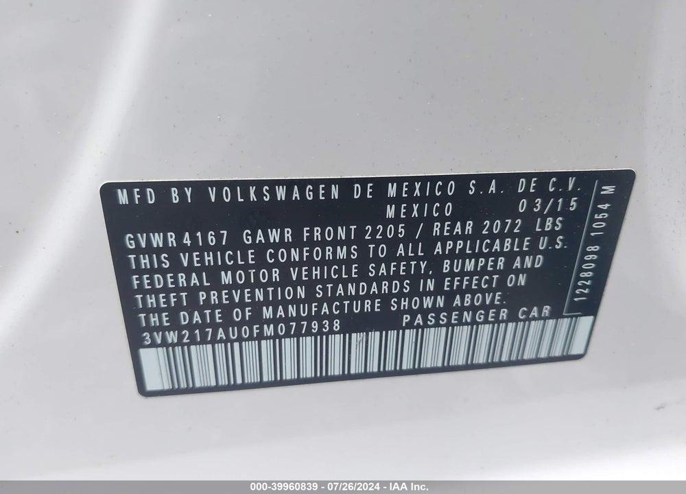 2015 VOLKSWAGEN GOLF TSI SE 4-DOOR VIN: 3VW217AU0FM077938