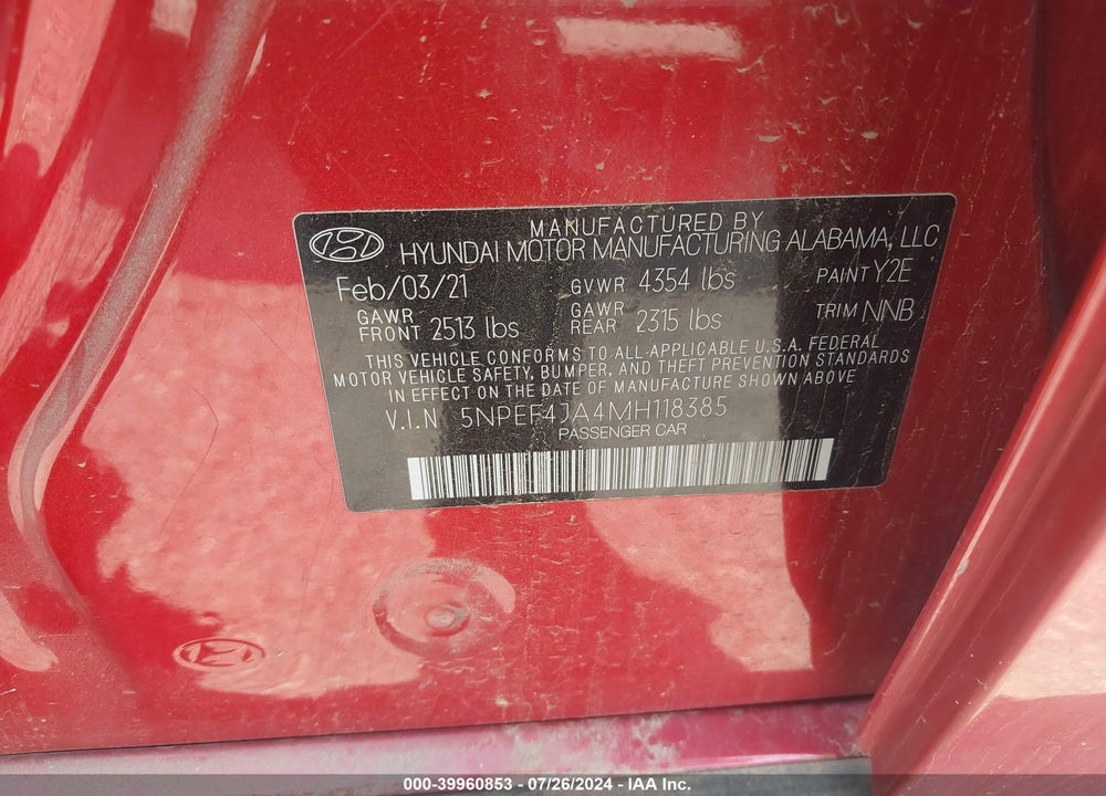 2021 HYUNDAI SONATA SEL VIN: 5NPEF4JA4MH118385