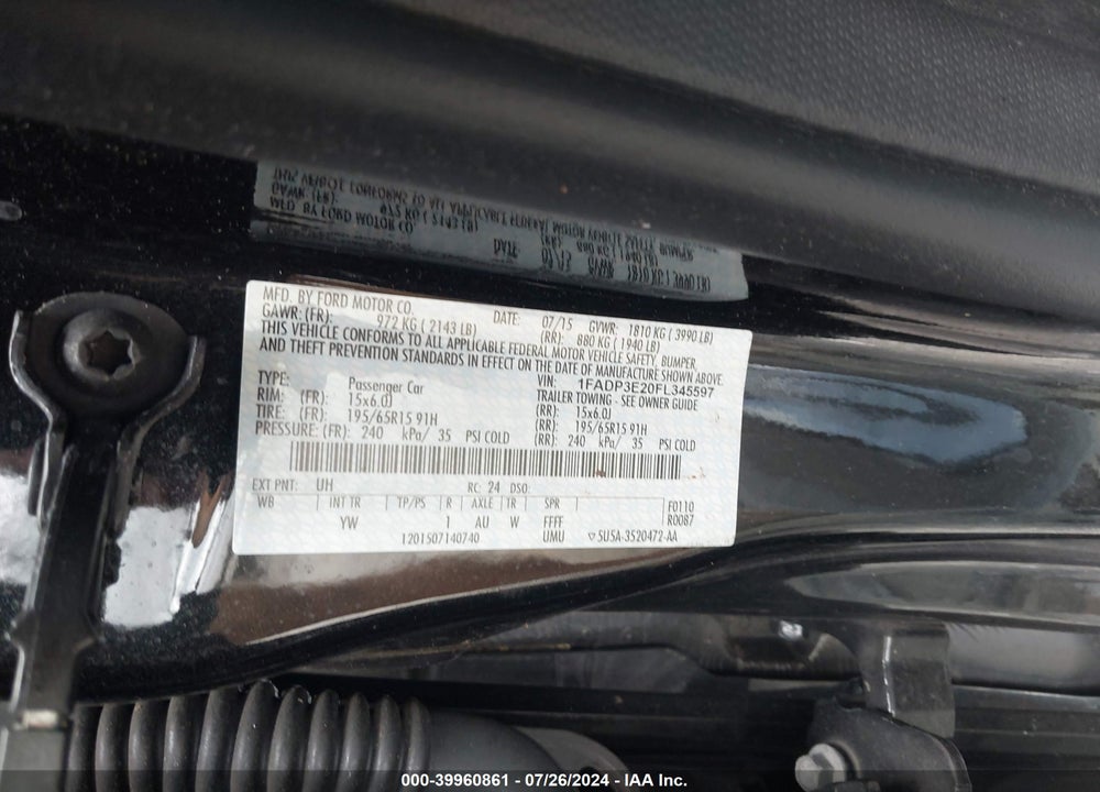 2015 FORD FOCUS S VIN: 1FADP3E20FL345597