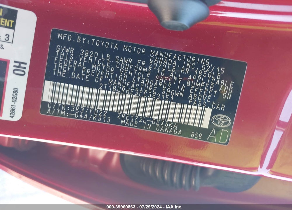 2015 TOYOTA COROLLA VIN: 2T1BURHE3FC363151