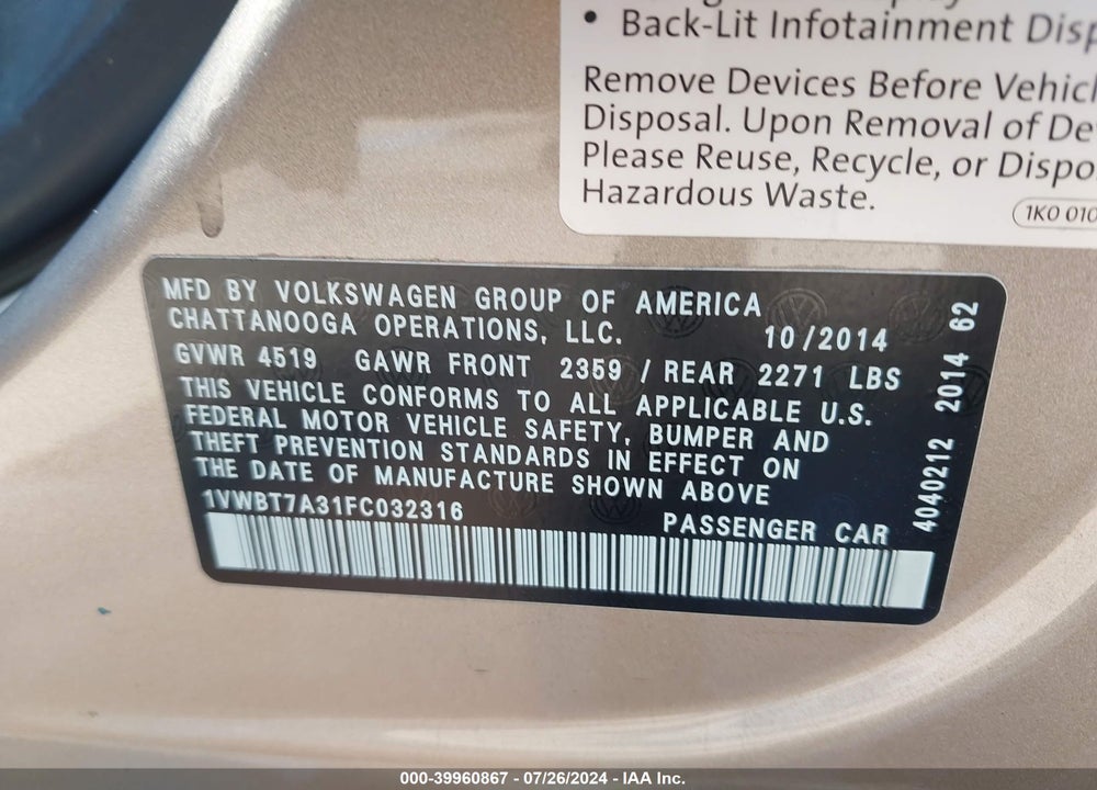 2015 VOLKSWAGEN PASSAT 1.8T SE VIN: 1VWBT7A31FC032316