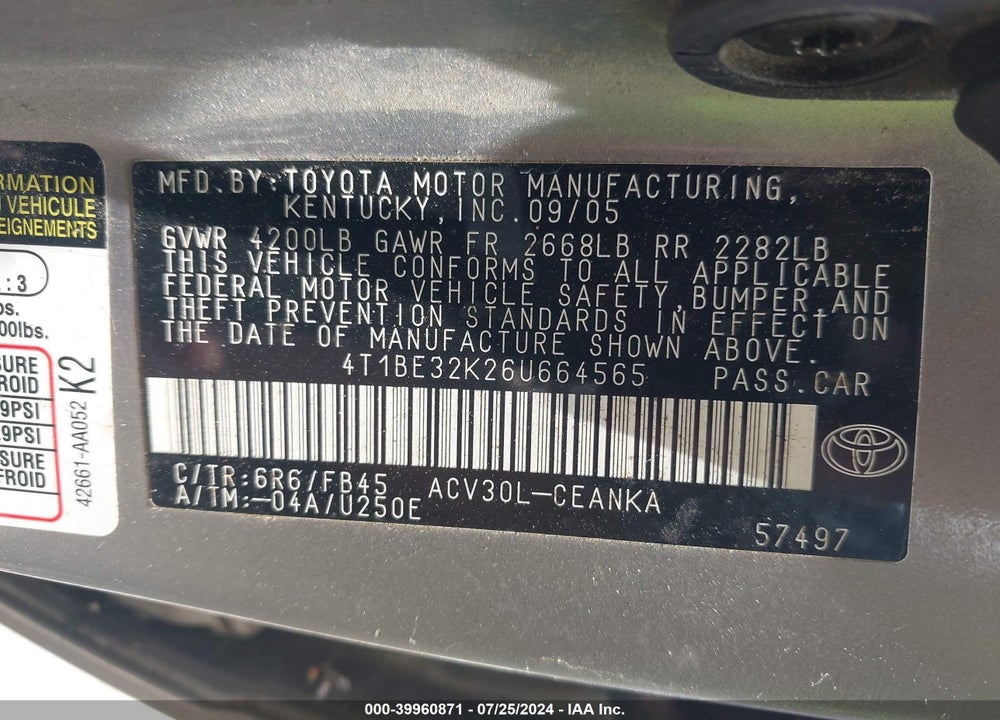 2006 TOYOTA CAMRY LE/SE/STD/XLE VIN: 4T1BE32K26U664565
