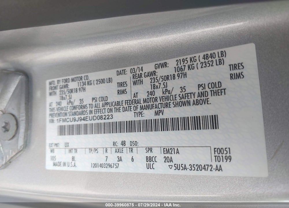 2014 FORD ESCAPE TITANIUM VIN: 1FMCU9J94EUD08223