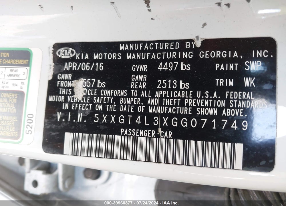2016 KIA OPTIMA LX VIN: 5XXGT4L3XGG071749
